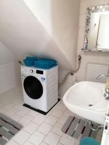 ein Badezimmer mit einer Waschmaschine und einem Waschbecken in der Unterkunft Apartment Irina in Pirmasens