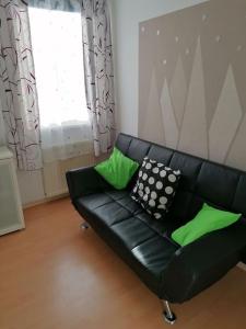 um sofá de couro preto numa sala de estar com almofadas verdes em Apartment Irina em Pirmasens
