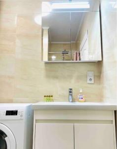 uma cozinha com um lavatório e uma máquina de lavar roupa em Mira Apart-Hotel em Kiev