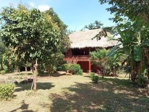 a house with a thatched roof and a yard at Fandee Island - Secret Private House - Tad Lo Bolaven Loop Pakse in Ban Kiangtat