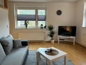 a living room with a couch and a tv at Ferienwohnung am Waldrand in Traben-Trarbach