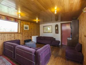 ein Wohnzimmer mit zwei lila Sofas und einem Tisch in der Unterkunft Cushy Boat in Merkem with Terrace in Drie Grachten