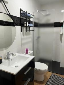 a bathroom with a sink and a toilet and a mirror at Vivienda turística ondara in Ondara