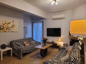 a living room with a couch and a tv at Lefkada Center Apartments in Lefkada