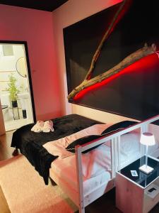 sypialnia z łóżkiem piętrowym i czerwoną ścianą w obiekcie Apartamenty Paszkówka w mieście Pietrzykowice