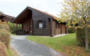 una pequeña casa de madera con un camino que conduce a ella en Ferienhaus Nr 10, Typ A, Feriendorf Jägerpark, Bayerischer Wald, en Viechtach