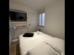 sypialnia z białym łóżkiem i telewizorem z płaskim ekranem w obiekcie Tonnelet Rouge - Appt au cœur de la ville w Strasburgu