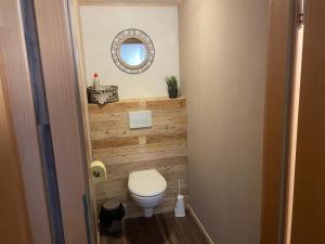 een kleine badkamer met een toilet en een spiegel bij Molltaler Appartements en b&b in Stall