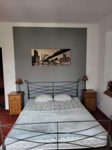 ストロニエ・シロンスキエにあるApartamenty Amadeusのベッドルーム1室(ベッド1台付)が備わります。壁には絵画が飾られています。