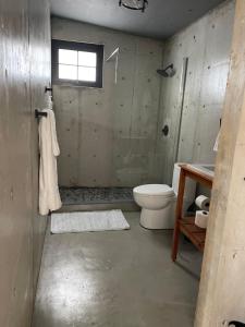 a bathroom with a toilet and a sink and a window at The Serene House Bed & Breakfast in Luquillo