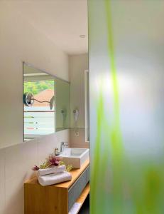 La salle de bains est pourvue d'un lavabo et d'un miroir. dans l'établissement Genusshotel Panorama, à Castelbello