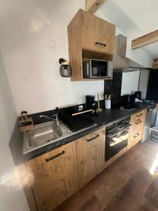 a kitchen with a sink and a microwave at Appartement Font-Romeu 2/4 pers. in Font-Romeu-Odeillo-Via