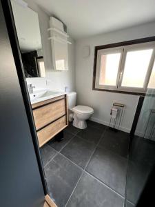 a bathroom with a toilet and a sink and window at Appartement Font-Romeu 2/4 pers. in Font-Romeu-Odeillo-Via