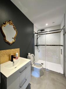 La salle de bains est pourvue d'un lavabo, de toilettes et d'un miroir. dans l'établissement LesCinqSuites / Le Chivas - DABNB, à Limoges