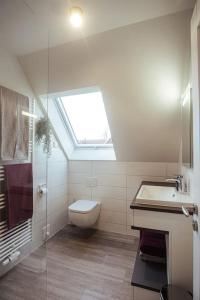uma casa de banho com um WC, um lavatório e uma clarabóia em Schicke Bude em Soltau