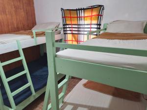 2 grüne Etagenbetten in einem Zimmer mit einer Leiter in der Unterkunft Mines and Wright Transient in Baguio City