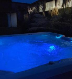 una bañera de hidromasaje azul en un patio por la noche en Schleusenhof Ferienwohnung en Spieka-Neufeld