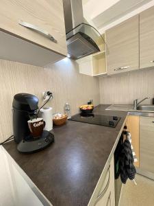 eine Küche mit einer Kaffeemaschine auf der Theke in der Unterkunft Votre chaleureux cocon proche Aéroport & Transport in Blagnac
