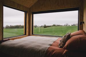 a bedroom with a large window with a view of a green field at Teal in Kelsall