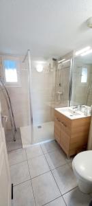 uma casa de banho com um chuveiro, um WC e um lavatório. em Petit pavillon pour 6 personnes dans une résidence avec piscine em Valras-Plage