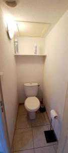 uma pequena casa de banho com WC num quarto em Petit pavillon pour 6 personnes dans une résidence avec piscine em Valras-Plage