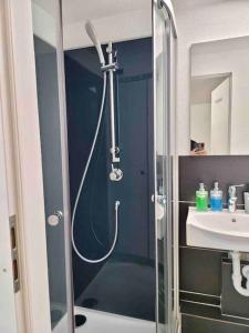 uma casa de banho com um chuveiro e um lavatório. em Lakeview Basement Apartment near Interlaken em Niederried