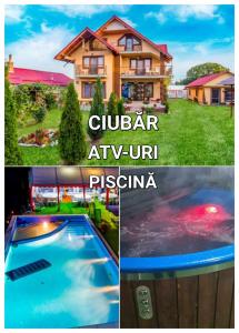 a collage of pictures of a house and a swimming pool at Pensiunea Mariana in Baia de Fier
