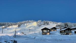 una montaña cubierta de nieve con casas en una pista de esquí en Blåfjell Stugby, en Kåbdalis
