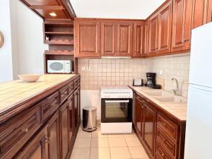 キオニアにあるMargarita's Kionia Beach Houseのキッチン(木製キャビネット、白いコンロ付)