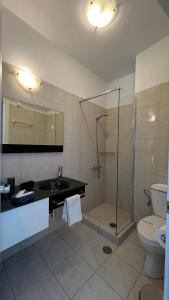 a bathroom with a shower and a sink and a toilet at Myrto Hotel in Koufonisia
