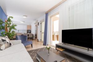 a living room with a large flat screen tv at Domus Lauri Palace Resort in Umag