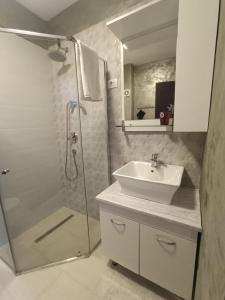 a bathroom with a shower and a sink at Daylight Apartments Sibiu in Sibiu