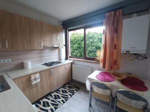 a kitchen with a table with chairs and a window at Daylight Apartments Sibiu in Sibiu