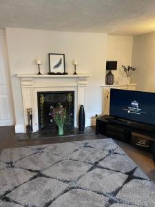 a living room with a fireplace and a television at Myrtle Cottage Boscastle in Boscastle