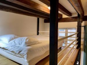 ein Schlafzimmer mit einem Etagenbett mit einer Leiter in der Unterkunft Appartement Le Cadet Roussel Auxerre Les Quais in Auxerre
