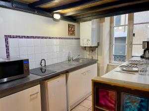 eine Küche mit einer Spüle und einer Mikrowelle in der Unterkunft Appartement Le Cadet Roussel Auxerre Les Quais in Auxerre