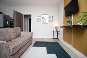 a living room with a couch and a tv at NEW 1 Bed Flat next to Roath Park w/Street Parking in Cardiff