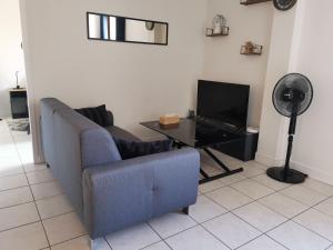 安锡Charmant appartement à 1 minute du lac的客厅里有一张蓝色沙发和一台电视