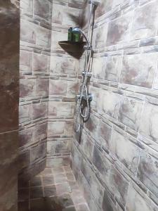 eine Dusche im Bad mit einer Steinmauer in der Unterkunft Casa con Terraza y Barbacoa en el Casco Antiguo in Barbate