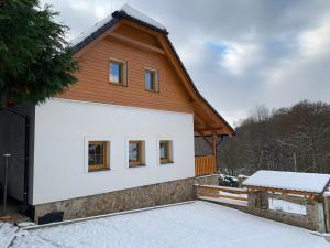 a house with a wooden roof in the snow at Chalupa U Juzka in Loučná nad Desnou