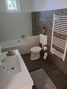 a bathroom with a toilet and a sink and a tub at Villa Anna, ingyenes Wifivel és parkolással. in Zalaegerszeg