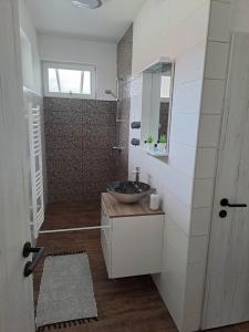 y baño con lavabo y espejo. en Villa Anna, ingyenes Wifivel és parkolással., en Zalaegerszeg