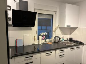 - une cuisine avec un comptoir et une télévision dans l'établissement Anna´s Apartments, à Wiesbaden