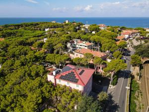 an aerial view of a town with trees and the ocean at Castiglioncello Suite in Castiglioncello