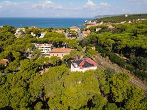an aerial view of a town with trees and the ocean at Castiglioncello Suite in Castiglioncello