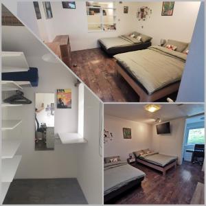 un collage de trois photos d'une chambre dans l'établissement Laura's house, à Slovenj Gradec