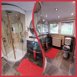 a bathroom with a shower and a sink and a mirror at Laura's house in Slovenj Gradec