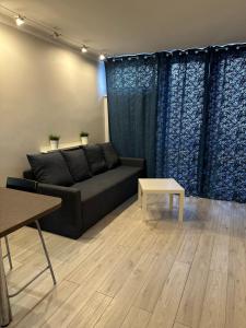 sala de estar con sofá negro y mesa en Coser Apartamenty Centrum, en Varsovia