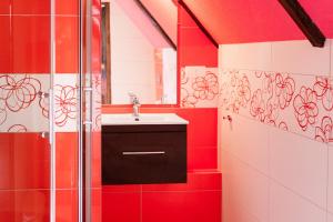 ein rotes Badezimmer mit einem Waschbecken und einer Dusche in der Unterkunft Gospodarstwo Agroturystyczne Kowalowe Wzgórze in Polanica-Zdrój