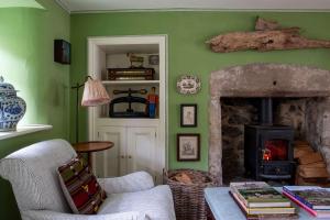 a living room with green walls and a fireplace at Bert's - your idyllic Derbyshire retreat in Bonsall